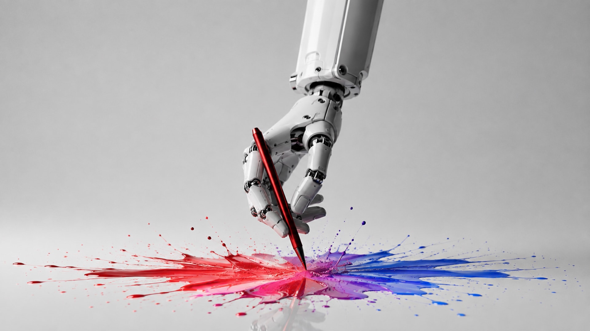 Robotic hand holding stylus with liquid paint emerging from tip