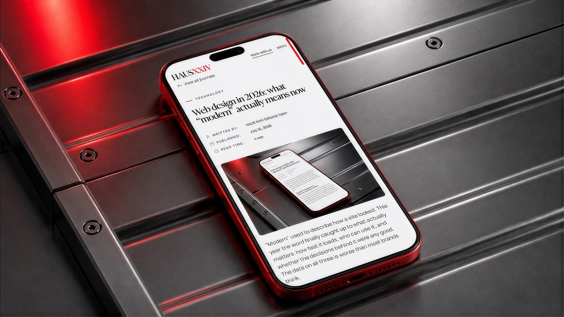 Red iphone on steel surface displaying article on screen